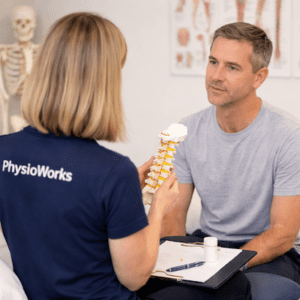 Neck pain medication discussion during physiotherapy consultation