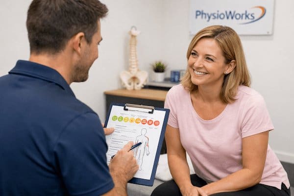pain-management-physiotherapy-consultation Pain management physiotherapy consult explaining symptoms and recovery plan