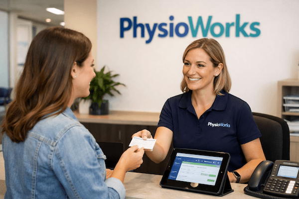 Contact PhysioWorks Brisbane Clinics Reception team assisting patient at PhysioWorks Brisbane clinic