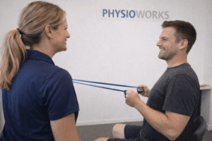 Posture exercise using resistance band low row for upper back control