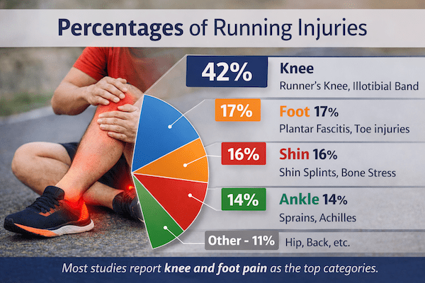 Running Injuries Percentage Breakdown Running injuries percentages by body region infographic