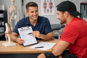 Sports injury insurance Australia claim reviewed with physiotherapist