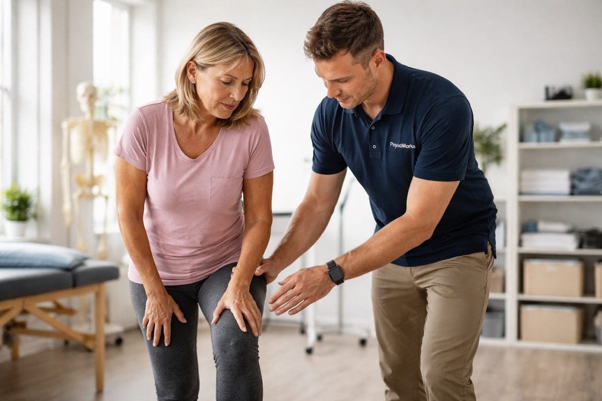 arthritis-joint-pain-physiotherapy-assessment Physiotherapist assessing arthritis joint pain in knee during standing movement test in clinic