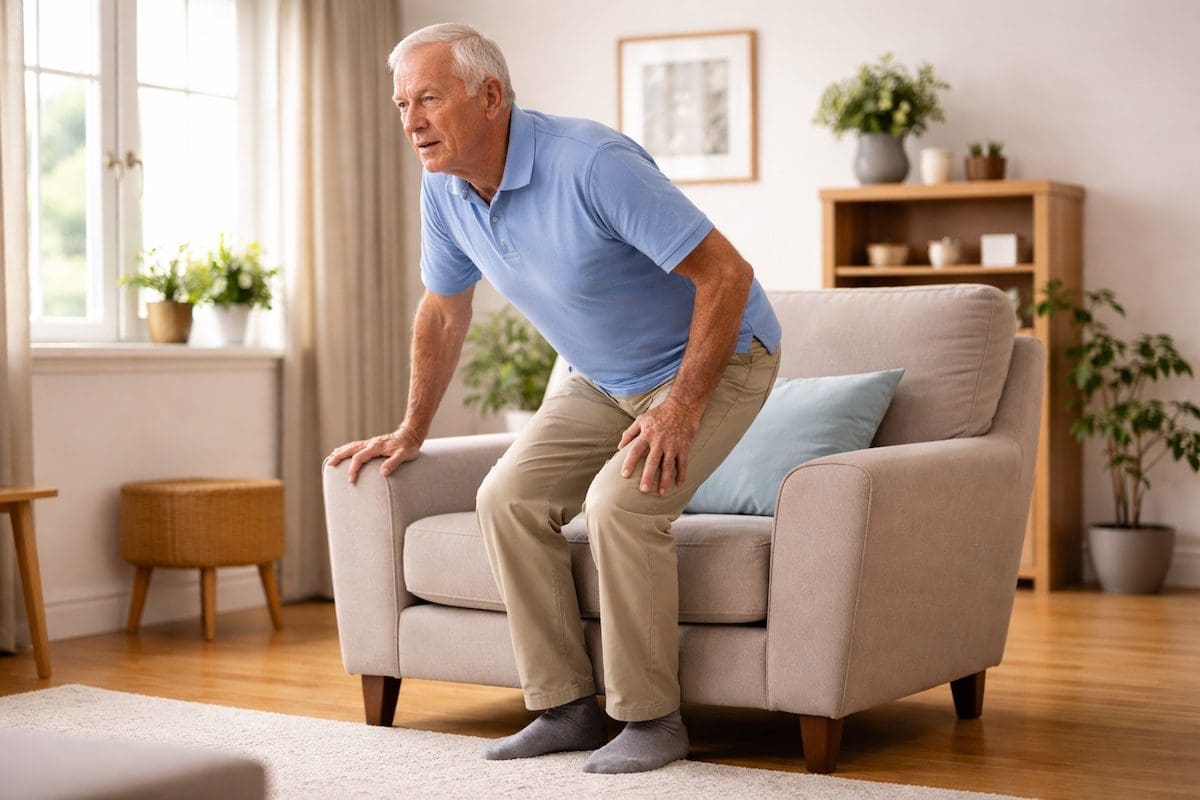 arthritis-joint-stiffness-standing-from-chair-elderly elderly man arthritis joint stiffness standing from chair knee hip pain movement difficulty
