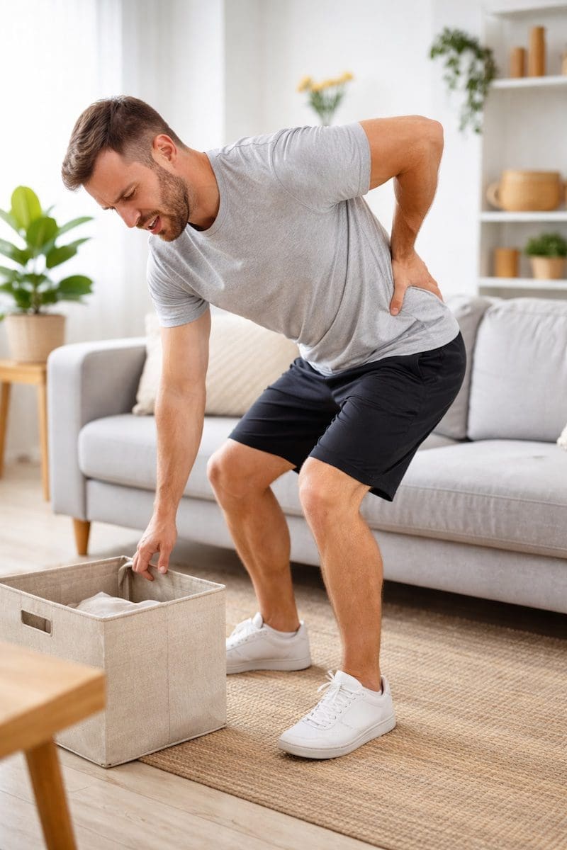 Person with back injury wincing while bending forward due to lower back pain