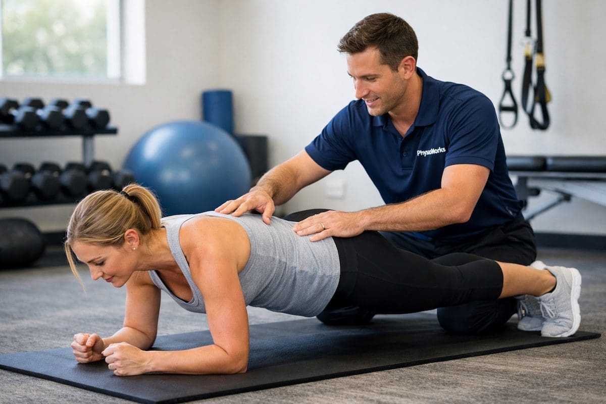best-core-exercises-front-plank-physiotherapy physiotherapist guiding front plank core exercise with correct technique