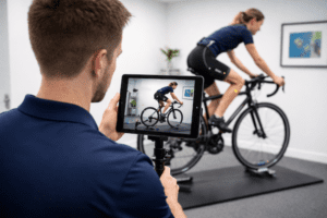 bike fit physio analysing female cyclist posture and joint angles