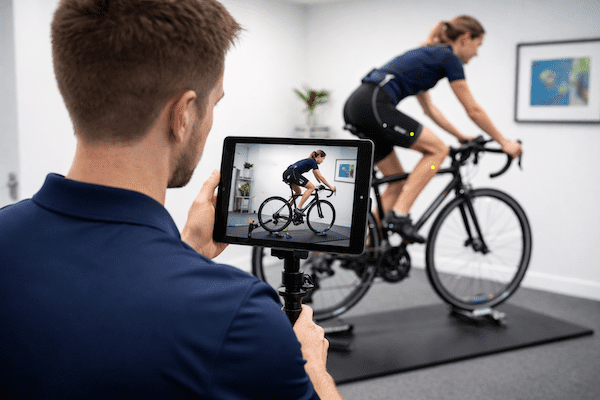 bike fit physio analysing female cyclist posture and joint angles