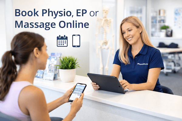 Book Physio, Exercise Physiology or Massage Online – PhysioWorks Brisbane Reception staff helping a patient book physiotherapy, exercise physiology or massage at a PhysioWorks Brisbane clinic