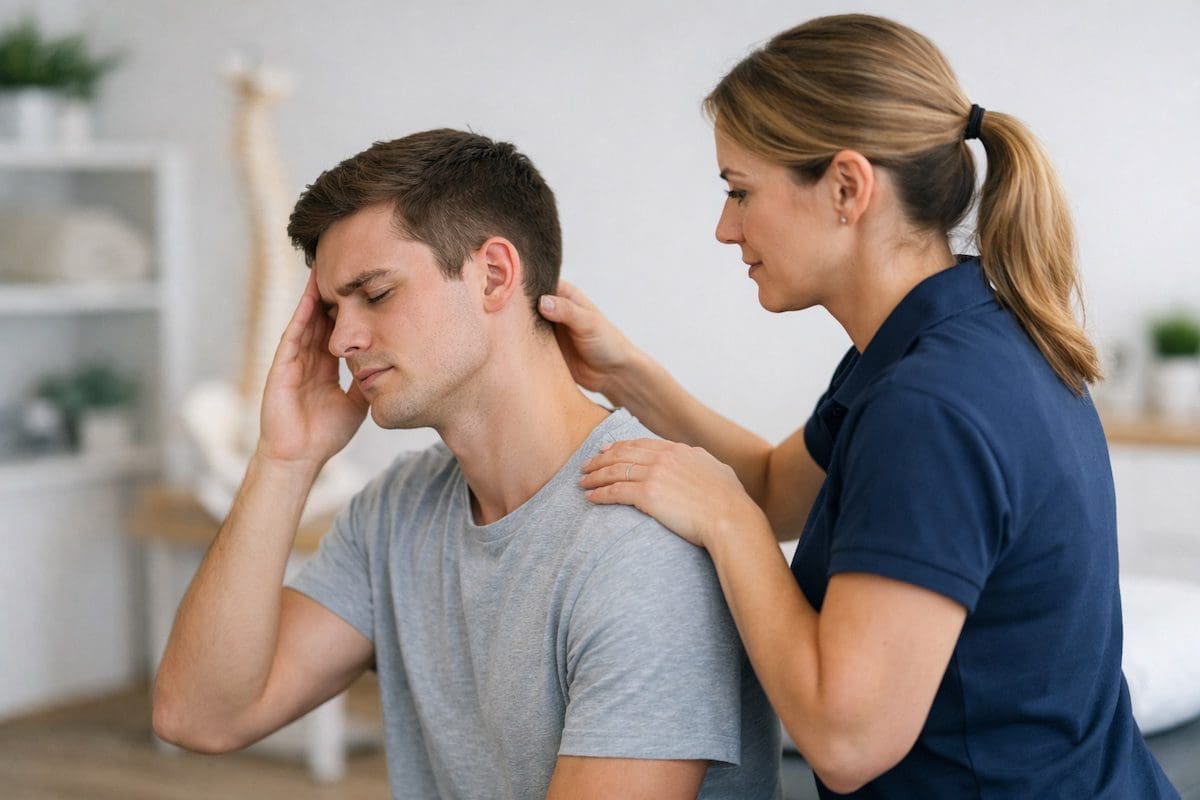 Cervicogenic headache patient holding temple during physiotherapy neck assessment