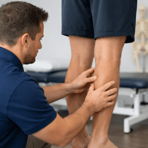 Physiotherapist assessing calf muscle tenderness in patient presenting with calf pain symptoms