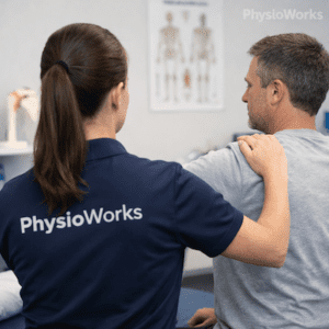 Female physiotherapist assessing common causes of arm pain during upper limb examination in clinic