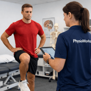 Concussion return to sport balance test performed by athlete with physiotherapist assessment