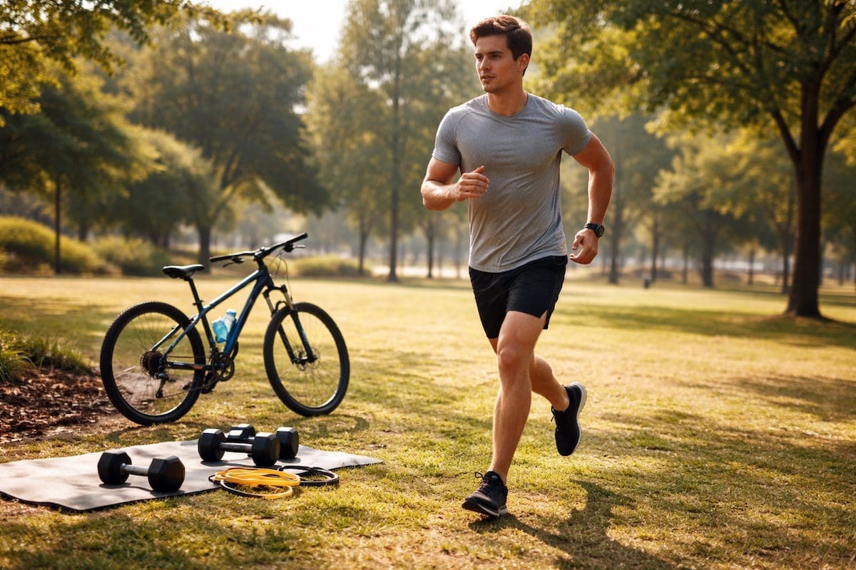 cross-training-benefits-mixed-exercise-training-session cross training exercises including cycling strength and running for injury prevention and fitness