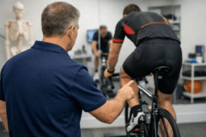 Physiotherapist assessing cyclist knee alignment during bike fit for cycling injuries prevention