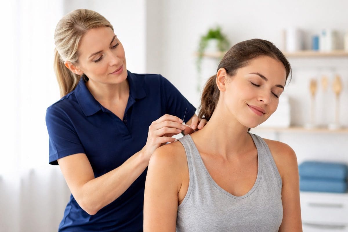 dry-needling-upper-trapezius-physiotherapy Dry needling upper trapezius physiotherapy treatment for shoulder and neck pain relief