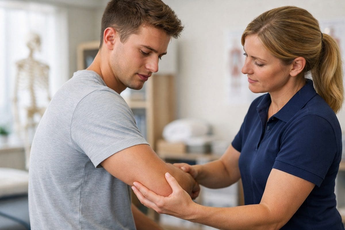 Physiotherapist assessing elbow pain causes during arm movement test in clinic