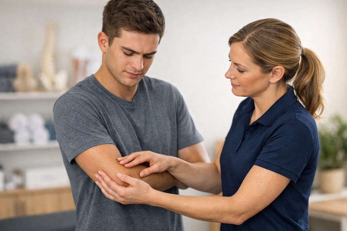 Physiotherapist assessing lateral elbow pain in young adult during clinic examination