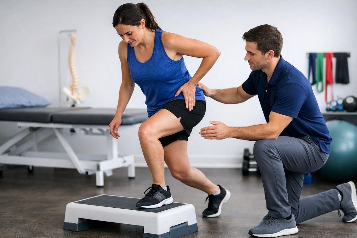 Gluteal Tendinopathy Assessment – Outer Hip Pain Physiotherapy Physiotherapist in navy polo assessing outer hip pain during single-leg standing test for gluteal tendinopathy