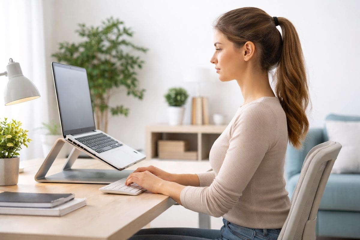 Good neck posture while sitting at desk with laptop at eye level
