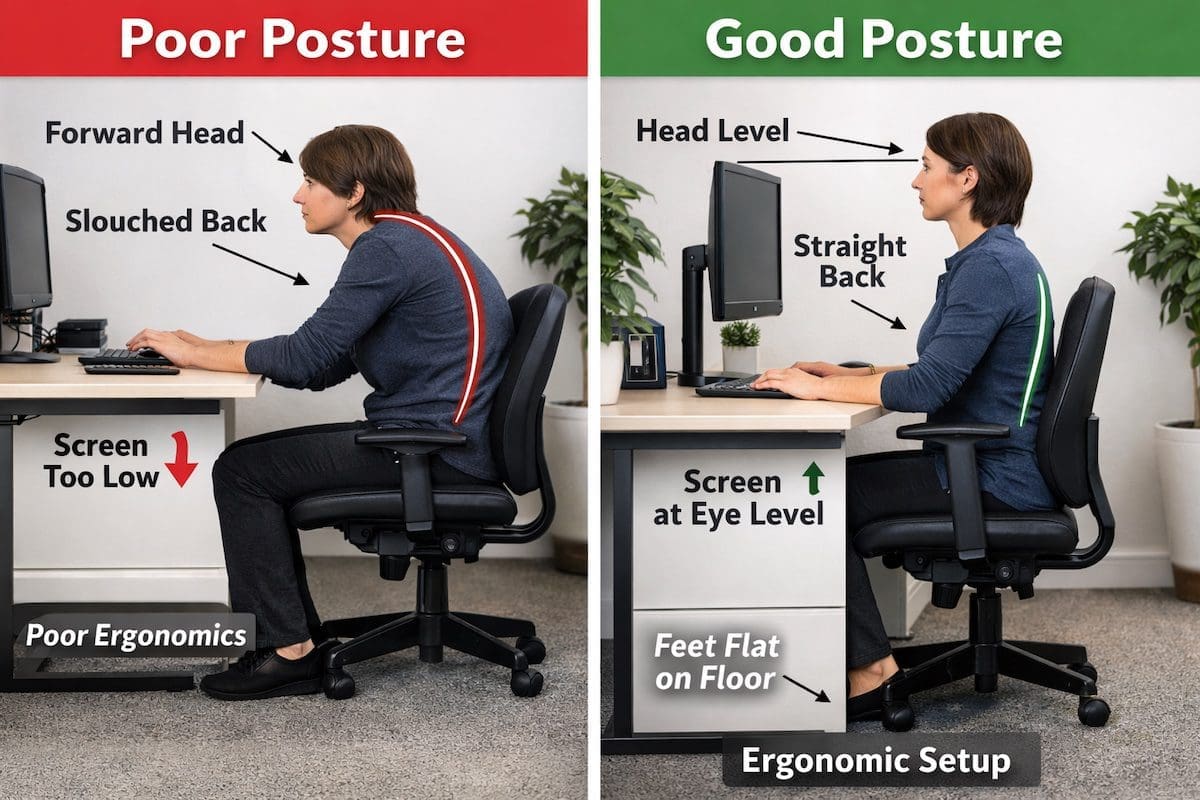 Good neck posture and poor posture desk setup comparison showing head, back, and screen alignment