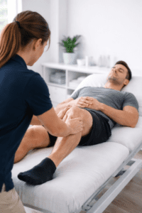Physiotherapist performing manual knee joint mobilisation treatment