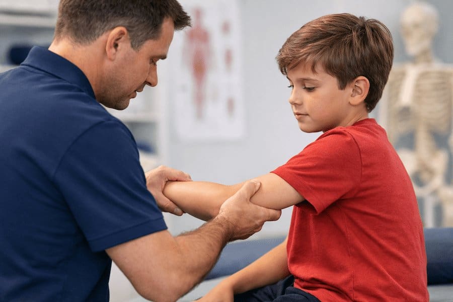kids-arm-pain-physiotherapy-child-elbow-assessment Kids arm pain physiotherapy assessment during child elbow movement test in clinic