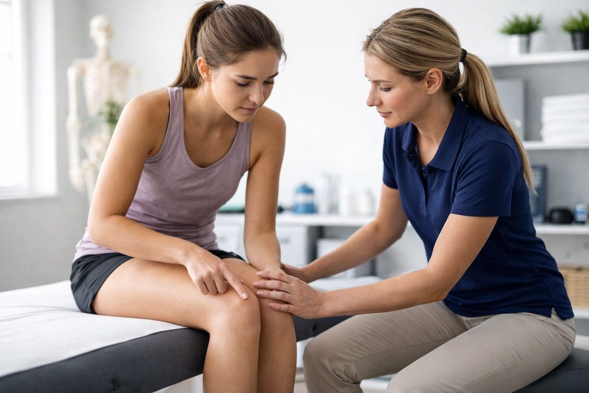 Patient pointing to knee pain while physiotherapist assesses injury in clinic