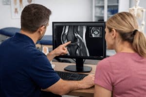 Physiotherapist reviewing a knee MRI scan with a patient during a knee injury assessment