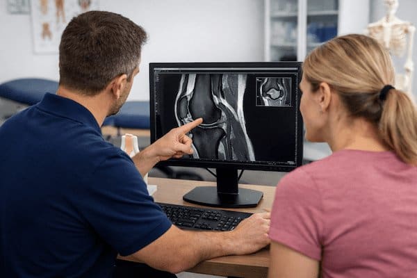 Physiotherapist reviewing a knee MRI during a detailed knee injury assessment