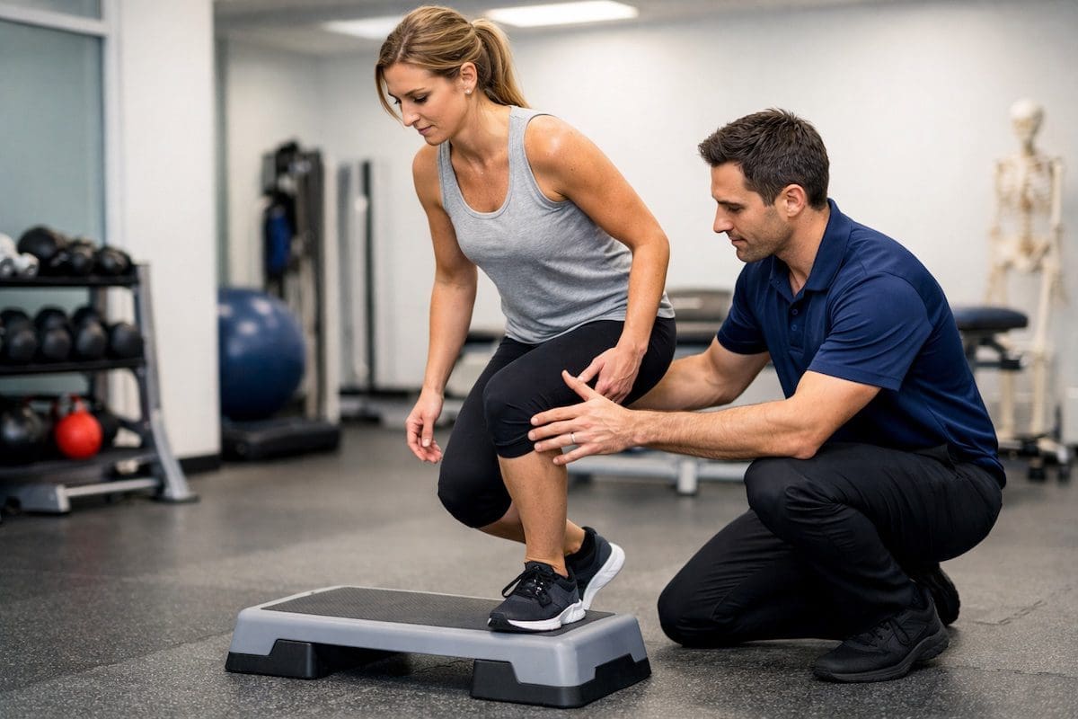knee-pain-physiotherapy-assessment-brisbane Physiotherapist assessing knee pain during movement in clinic