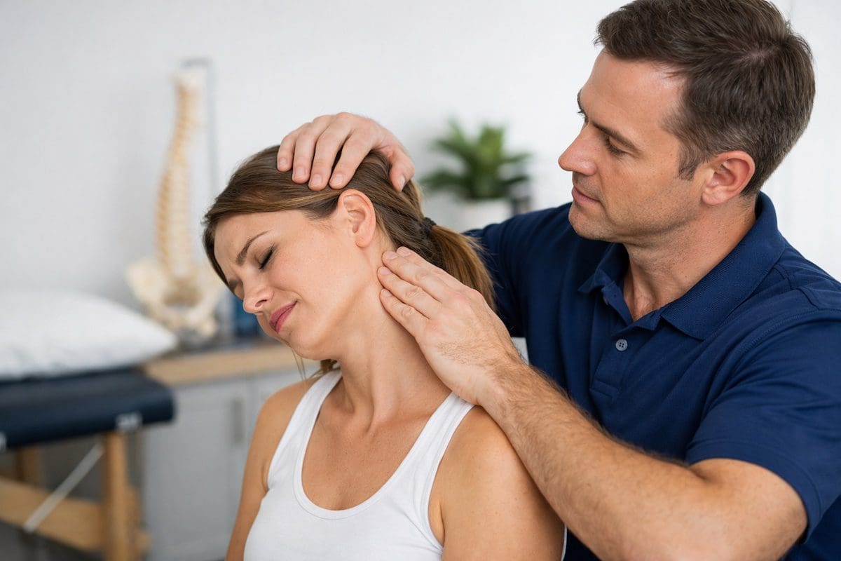 neck-headache-treatment-physiotherapy-cervicogenic-headache Physiotherapist treating neck headache with manual therapy for cervicogenic headache relief