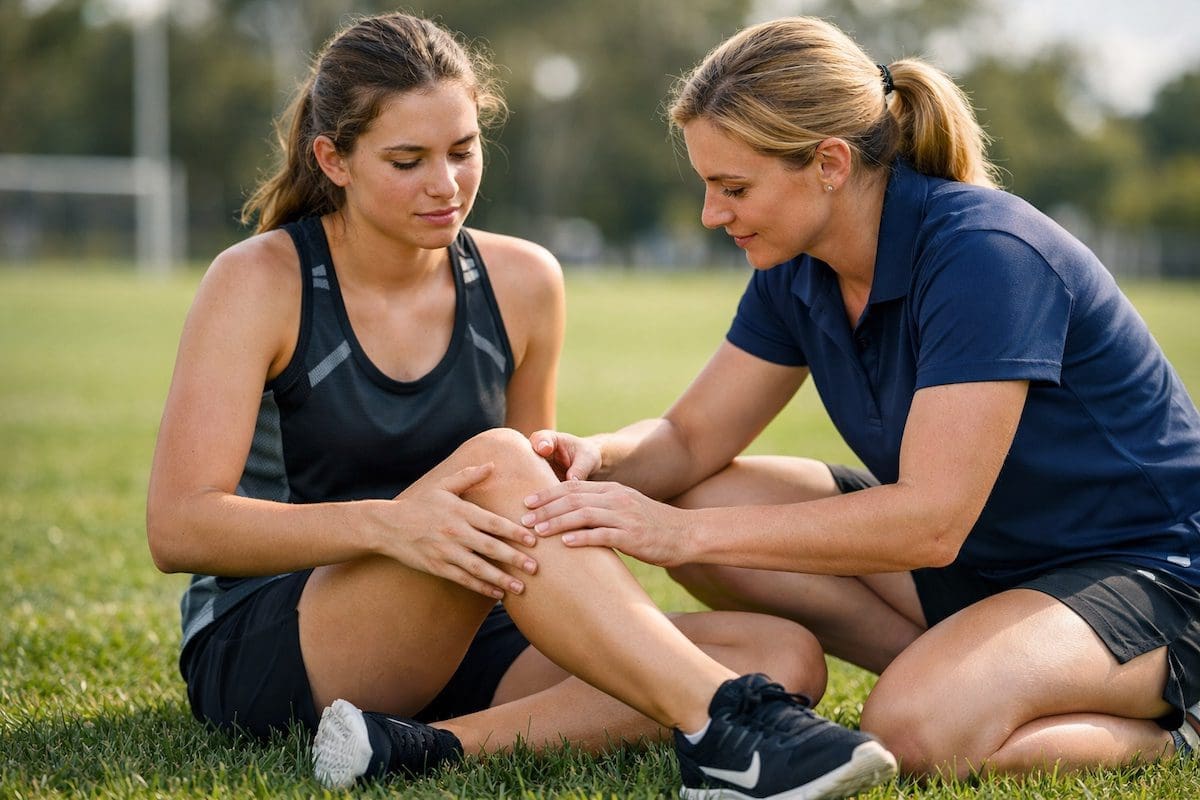 patella dislocation knee injury with athlete holding kneecap after twisting movement