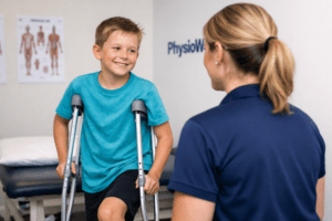 Perthes disease child walking with crutches during hip physiotherapy
