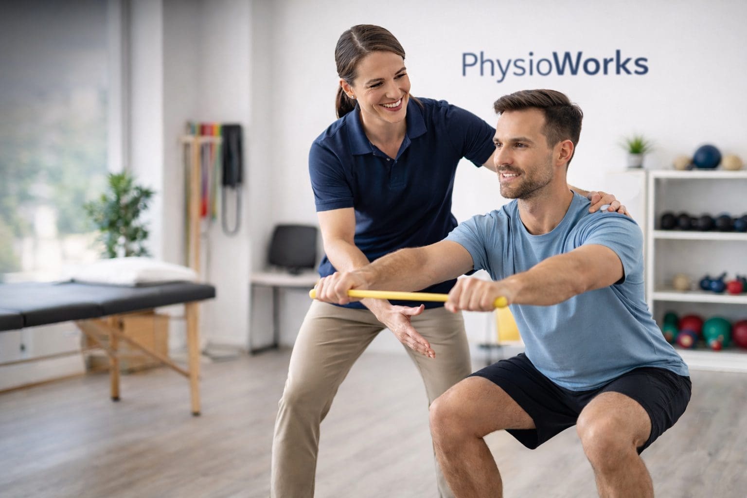physiotherapist-exercise-rehabilitation-brisbane Female physiotherapist guiding a patient through rehabilitation exercises in a Brisbane physiotherapy clinic