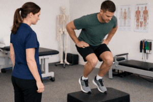 Physiotherapist Sandgate supervising mini step jumps at PhysioWorks Sandgate