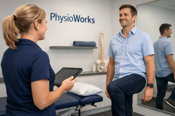 physiotherapists-consultation-balance-assessment-physioworks Physiotherapists conducting single-leg balance assessment in clinic