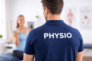 Physiotherapist in navy polo supervising rehabilitation exercise program in clinic