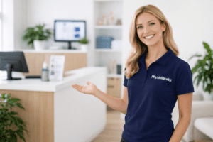 Physiotherapist in a navy PhysioWorks polo gesturing in a modern clinic reception helping patients find the right clinic or service