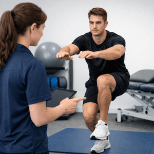 Female physiotherapist assessing athlete performing single leg squat during prehabilitation movement screening