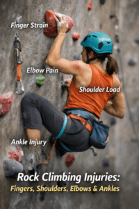 Rock climbing injuries affecting fingers, elbow, shoulder and ankle during climb
