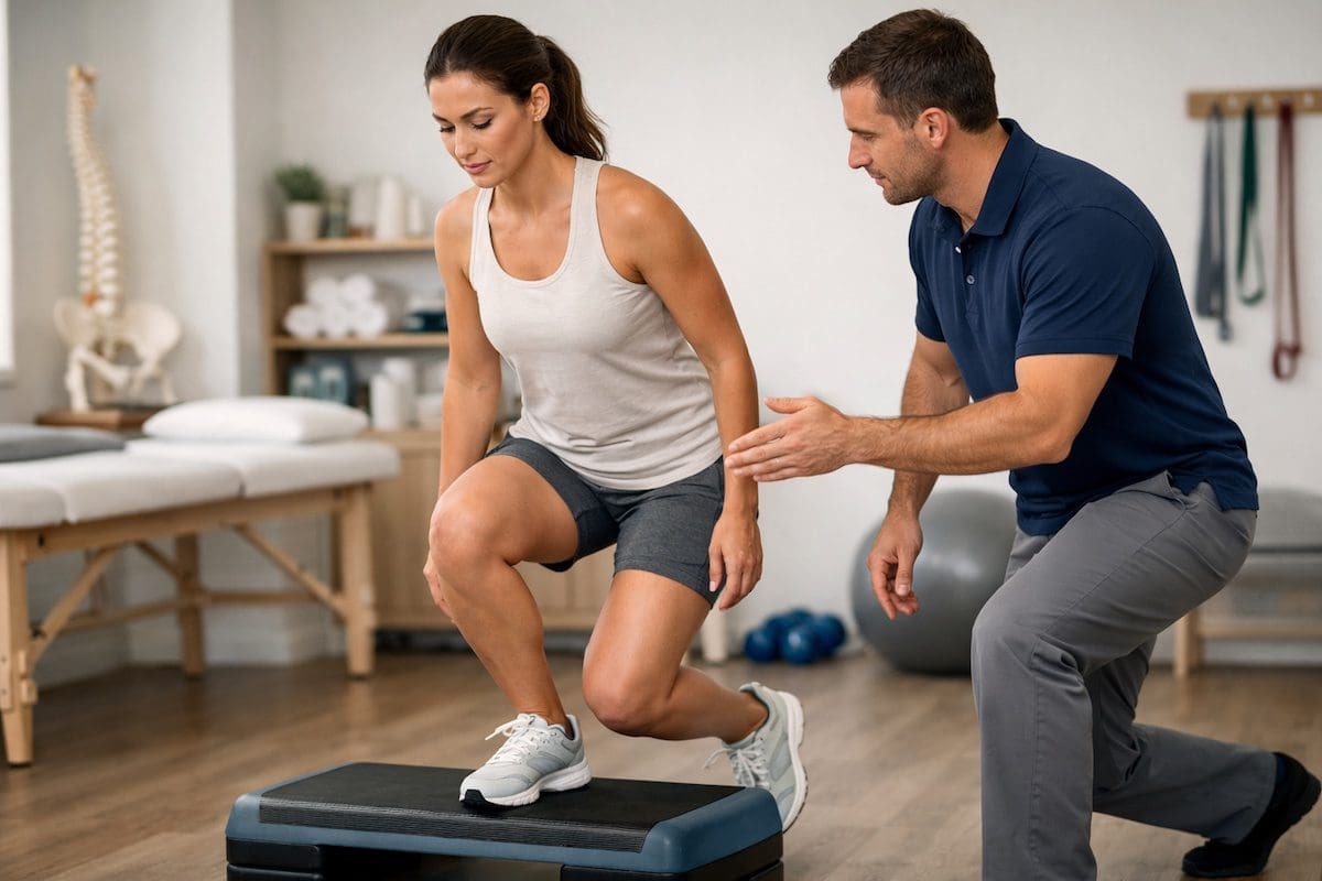 running-rehab-step-down-physio-guidance Running injuries rehab with physiotherapist guiding step-down control exercise