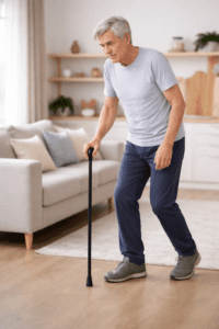 Older man walking with cane showing sarcopenia age-related muscle weakness and balance difficulty