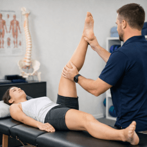 Physiotherapist performing straight leg raise test assessing sciatic nerve irritation and sciatica flare up