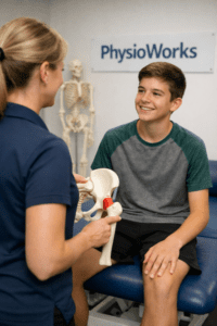 Teen with slipped capital femoral epiphysis discussing hip model with physiotherapist