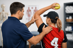 Physiotherapist assessing shoulder movement for softball injuries during overhead throwing assessment
