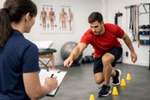 Sports health physiotherapist assessing athlete during single-leg balance screening test