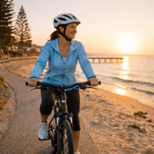 Woman cycling along Sandgate foreshore in Brisbane to ease stiff joints in the morning