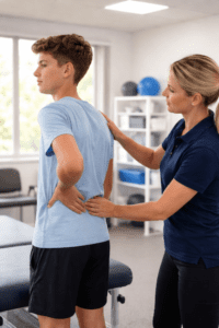 Teenager back pain physiotherapy assessment checking posture and lumbar spine movement in clinic
