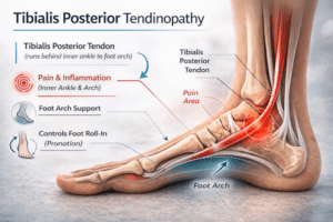 Tibialis posterior tendinopathy inner ankle and arch pain infographic